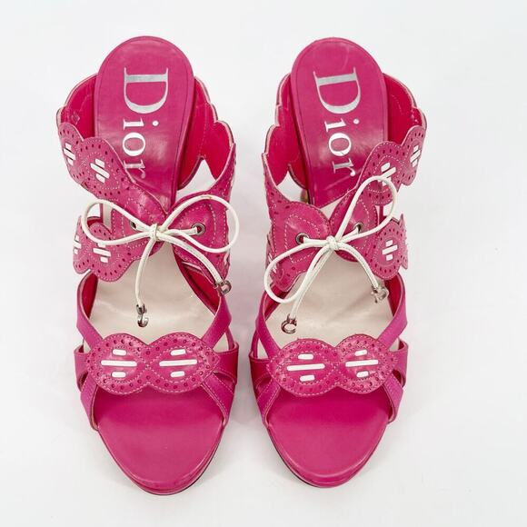 Dior Fuchsia Pink Leather Satin CD Bow Detail Block Heel Mule Slide Sandal EU 37 - Picture 5 of 14